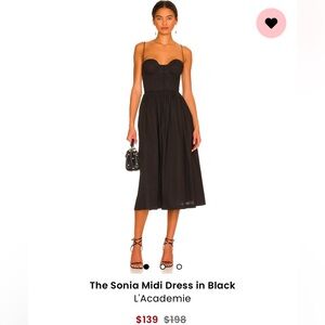 L’Academie Sonia Midi Dress in Black. Size small. Never worn, still has tags.